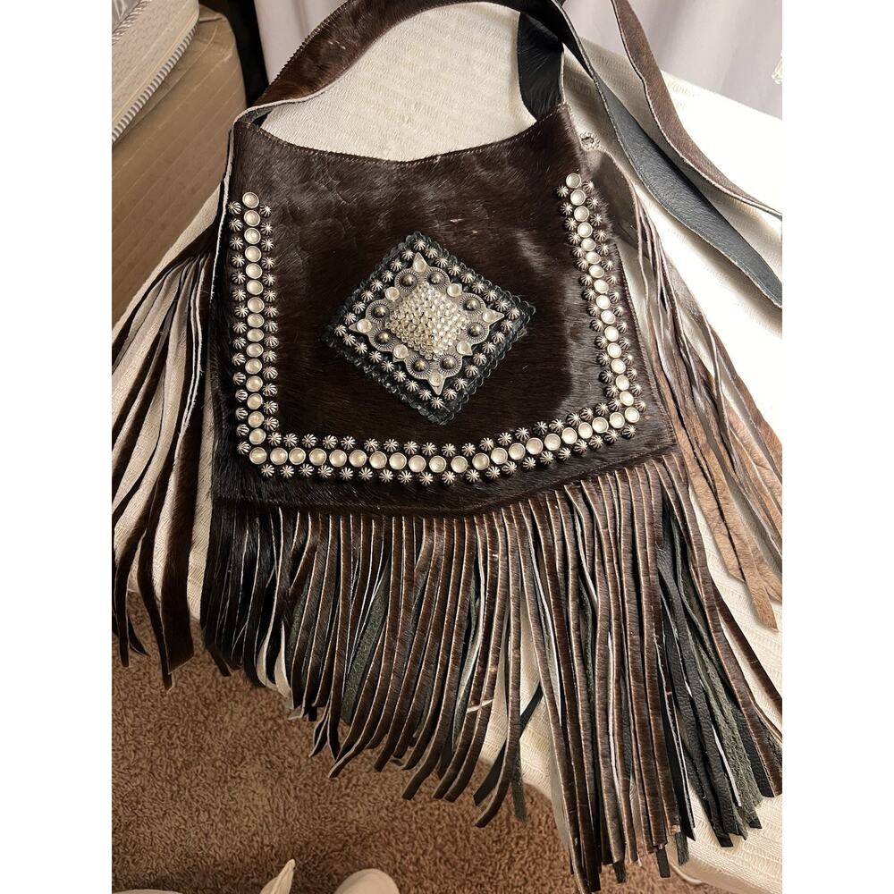 Raviani studded cowhide fringe crossbody purse
